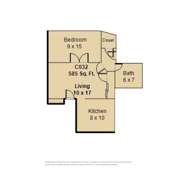 A floor plan of a room showing a bedroom, living room, kitchen, and bathroom at Clay & Tiffany, Portland, 97201