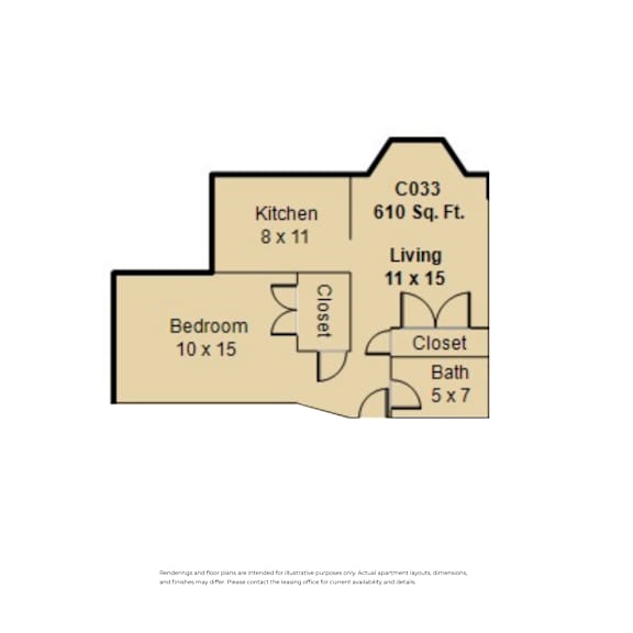 A floor plan of a property with a kitchen, living room, bedroom, bathroom and closet.