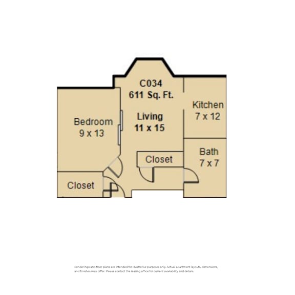 A floor plan for a home with a bedroom, living room, kitchen, and bathroom at Clay &amp; Tiffany, Portland, 97201