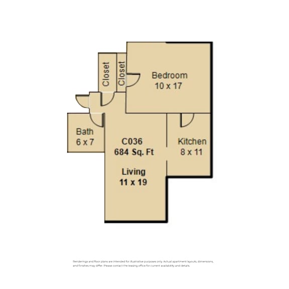 A floor plan of a living space showing a bedroom, kitchen, and bathroom at Clay & Tiffany, Portland, 97201