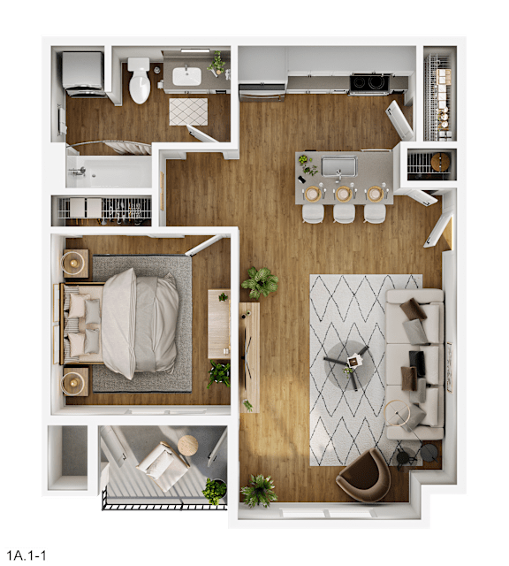 A top-down view of a small apartment layout with a kitchen, living room, and bedroom.