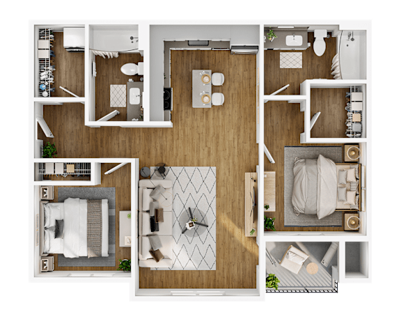A top-down view of a modern apartment layout.