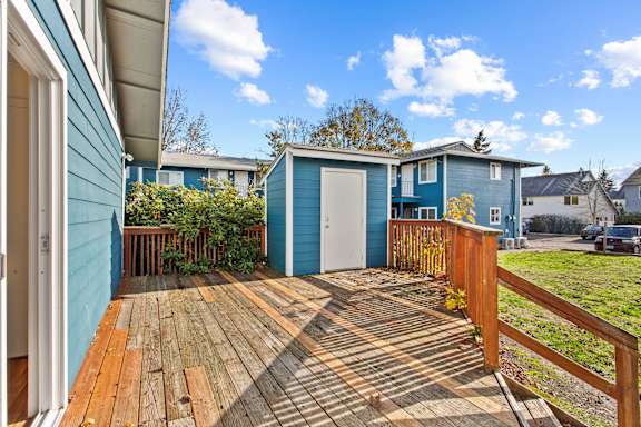 Wooden Deck Area at Garden Villa Apartments, Portland, 97266
