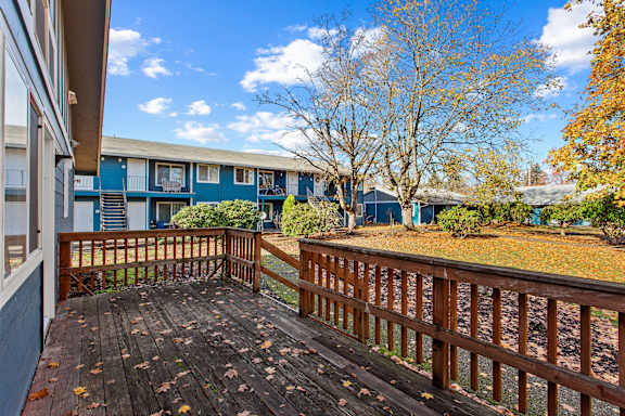 Wooden deck at Garden Villa Apartments, Portland, OR