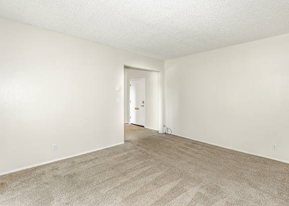 A room with a carpeted floor and a white door.