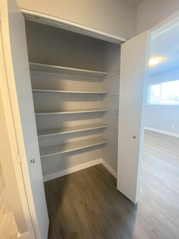 a walk in closet with empty shelves and a window