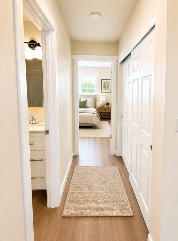Hallway connecting bedroom and bathroom with natural light at Laurel on 2nd Apartments, Oregon