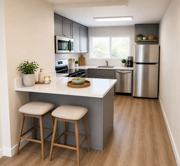 Compact kitchen with breakfast bar and two stools at Laurel on 2nd Apartments, Oregon, 97132