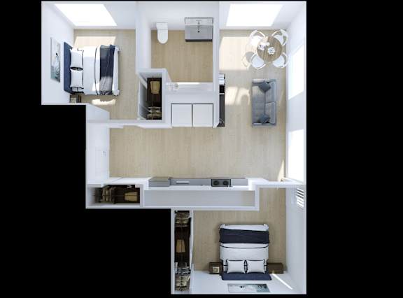 A top-down view of a small, neatly organized apartment.