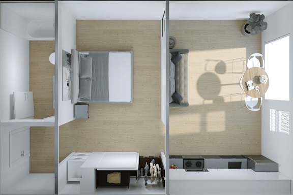 A modern kitchen with a white counter top and a white sink.