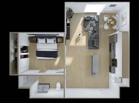 A top down view of a small apartment with a bed, sink, and counter.