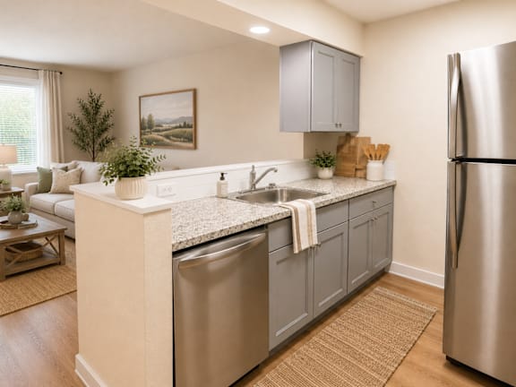 Open concept kitchen with granite countertops and stainless appliances at Laurel on 2nd Apartments, Newberg, 97132