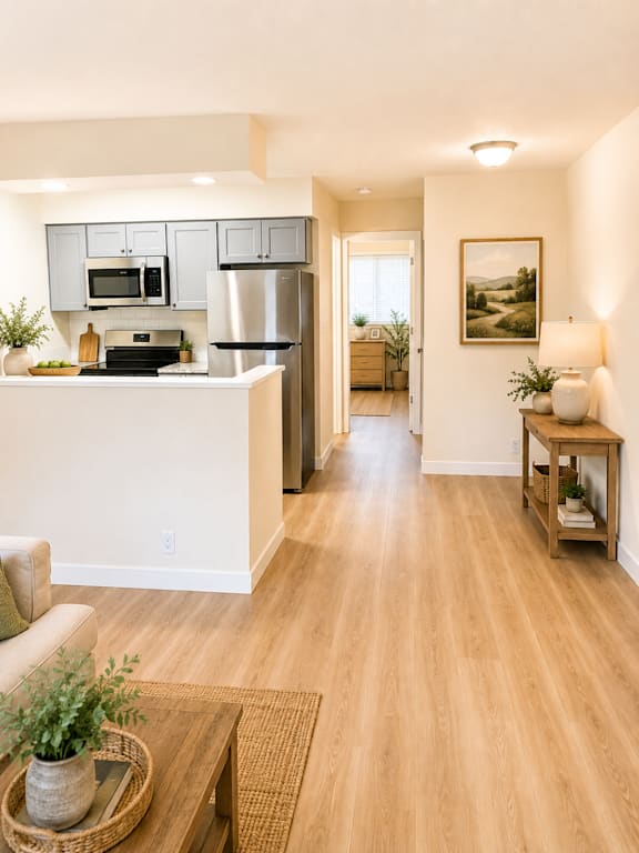 Open floor plan with kitchen island and hallway at Laurel on 2nd Apartments, Newberg