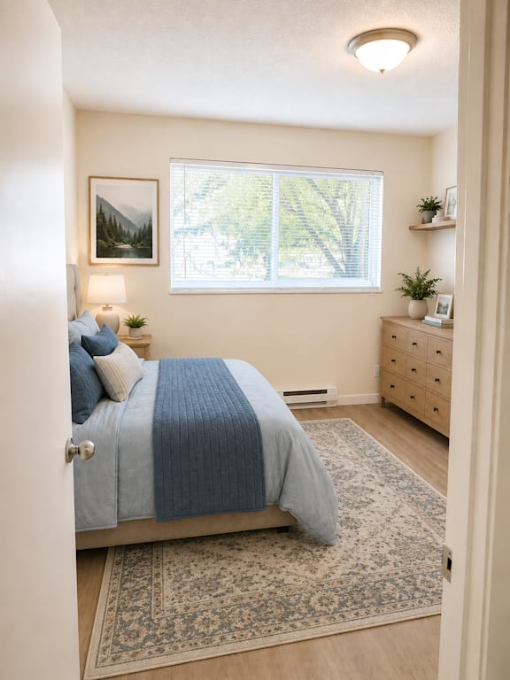 Furnished bedroom with blue accent bedding and natural light at Laurel on 2nd Apartments, Oregon, 97132