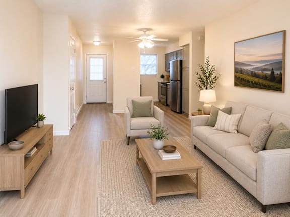 Open concept living area with kitchen and entryway at Laurel on 2nd Apartments, Newberg, 97132