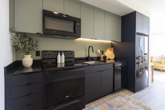 a kitchen with black cabinets and a sink and a microwave at Moraine, Tacoma