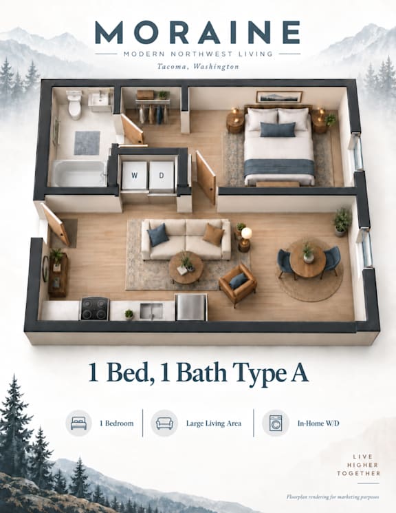 A real estate advertisement for a 1 bedroom, 1 bathroom apartment in Moraine, Washington.