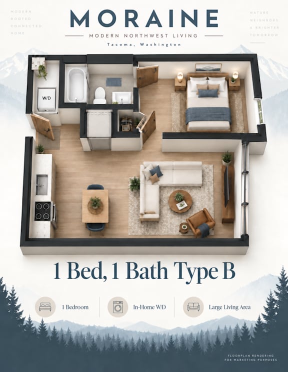 A poster advertising a 1 Bedroom, 1 Bath Type B apartment in Moraine, Washington.
