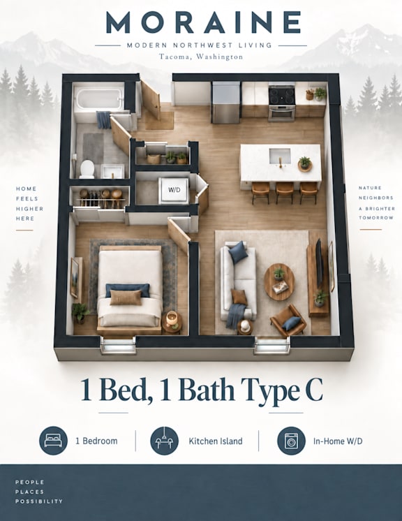 A real estate advertisement for a 1 Bedroom, 1 Bath Type C apartment in Tacoma, Washington.