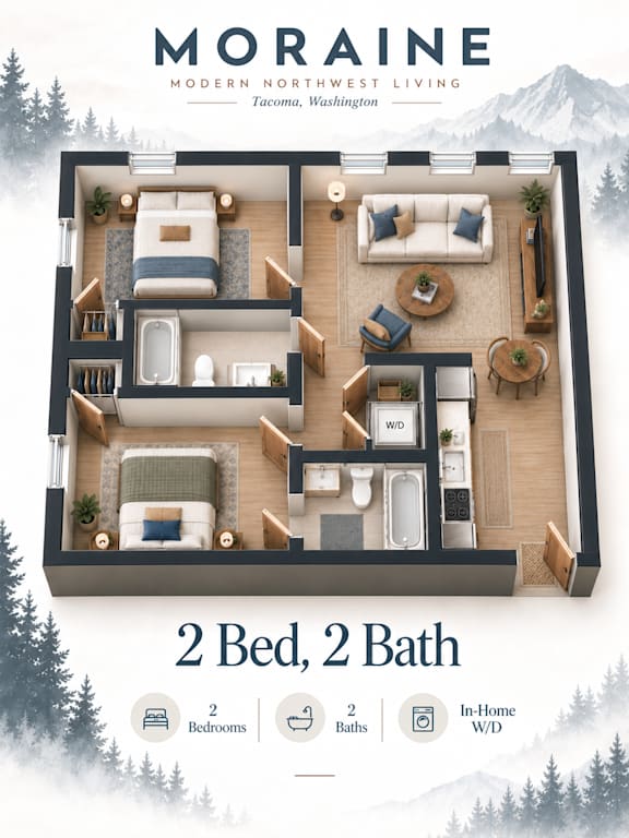A floor plan for a Moraine property in Tacoma, Washington, shows a 2 bedroom, 2 bathroom unit with in-home WIFI.