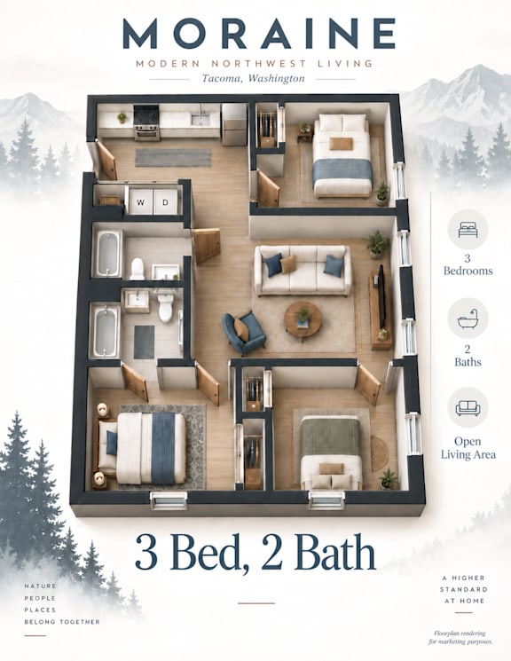 A floor plan for a 3 bedroom, 2 bathroom apartment at Moraine in Tacoma, Washington.