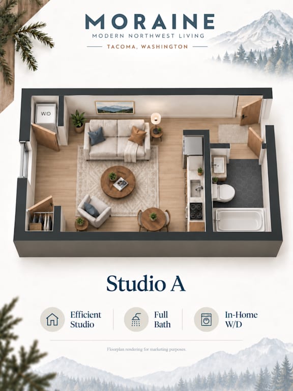 A living room with a couch, a coffee table, and a plant is shown in a real estate listing for a property called Moraine.