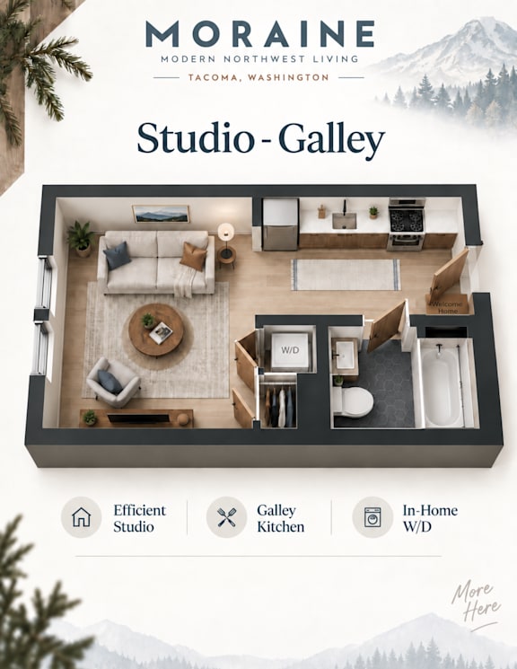 A floor plan of a studio apartment with a kitchen, living room, and bathroom.