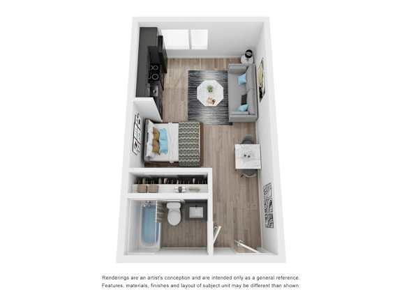A small apartment with a kitchen, living room, and bathroom.