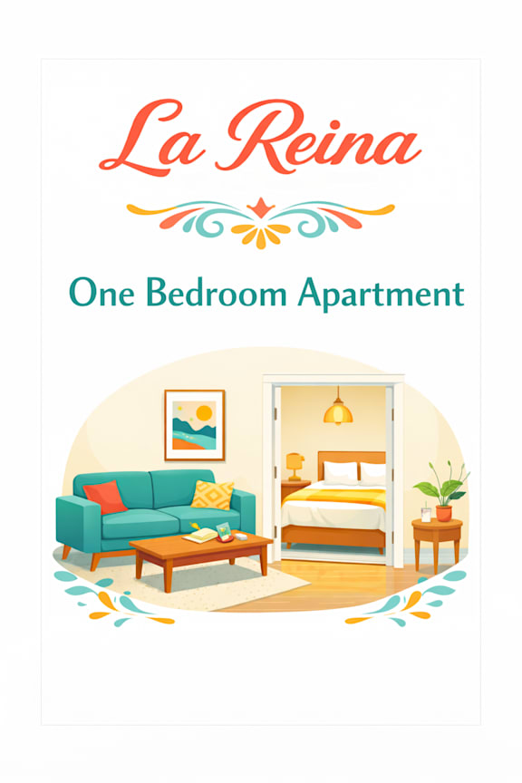 Floor Plan  A poster for La Reina One Bedroom Apartment showing a cozy bedroom and living room. at Casa Del Rey Apartments, Portland, 97209