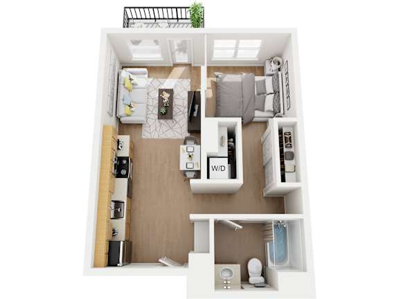 A top-down view of a small, neatly organized apartment with a kitchen, living room, and bathroom.
