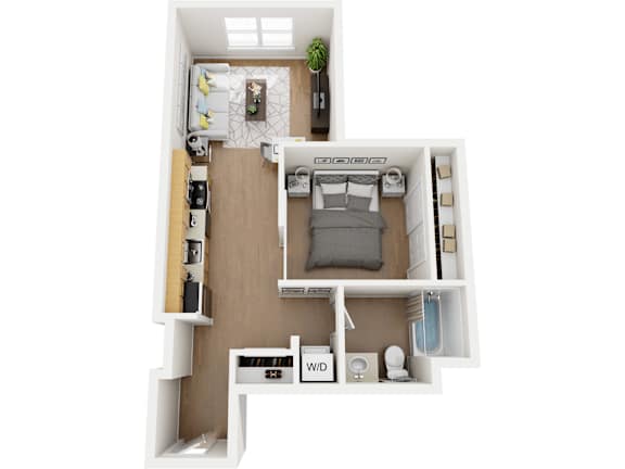 A top-down view of a small apartment with a bed, desk, and shelving.
