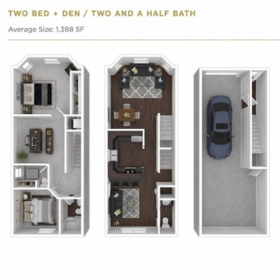 A floor plan of a two bedroom, den, and two and a half bath house.