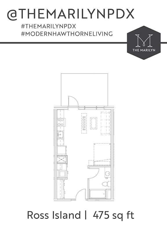 A floor plan for a 475 sq ft property on Ross Island.