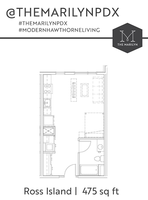 A floor plan of a 475 sq ft apartment at Ross Island.