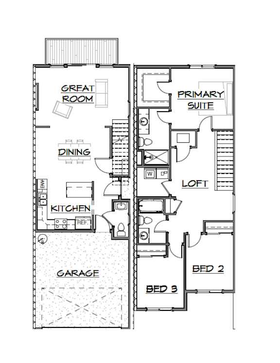 A floor plan of a two-bedroom apartment with a garage.