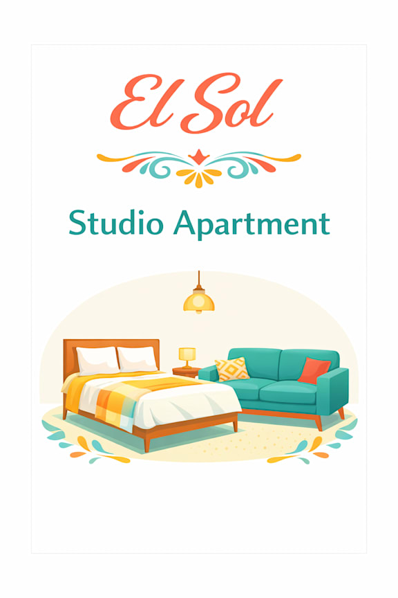 Floor Plan  A poster for El Sol Studio Apartment depicting a bedroom and living room. at Casa Del Rey Apartments, Portland, Oregon