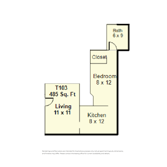 A floor plan of a living space showing a living room, kitchen, bedroom and bathroom at Clay & Tiffany, Portland, 97201