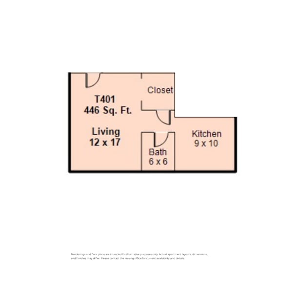 A diagram of a house layout with a living room, kitchen, bathroom and closet at Clay &amp; Tiffany, Portland, 97201