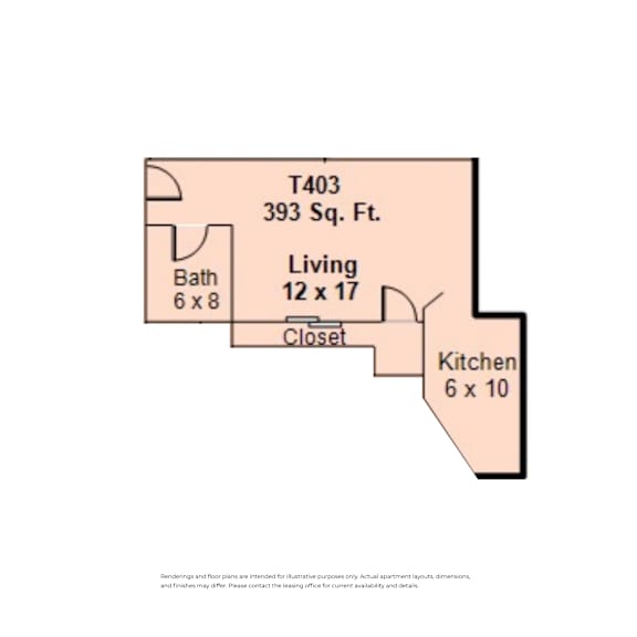 A diagram of a house layout with a living area, kitchen, and bathroom at Clay & Tiffany, Portland, 97201