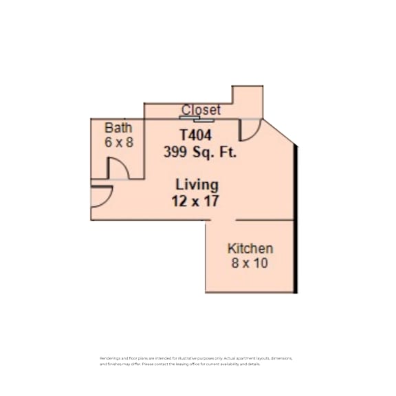 A floor plan shows a living area of 12 by 17, a kitchen area of 8 by 10, and a bathroom area of 6 by 8.