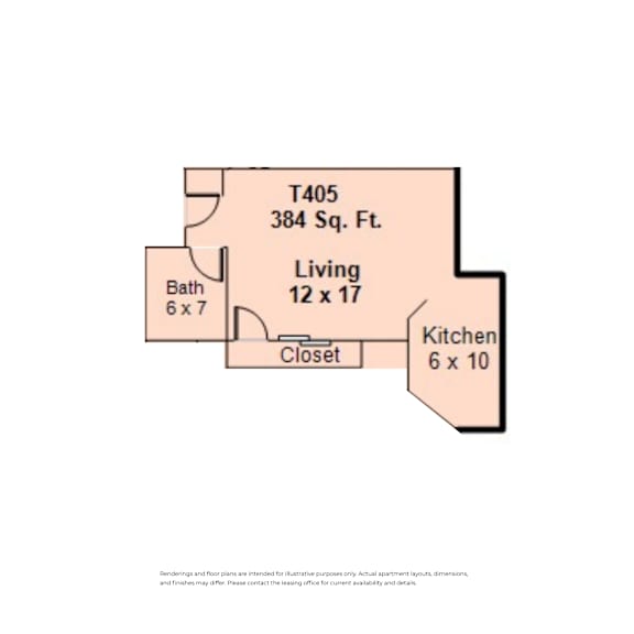 A floor plan for a 384 square foot home with a living room, kitchen, and bath at Clay & Tiffany, Portland, 97201