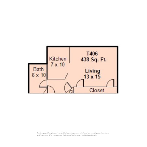 A diagram of a room layout with a kitchen, bath, living area, and closet.