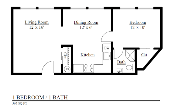Floor Plan  A floor plan of a one bedroom apartment with a bath.
