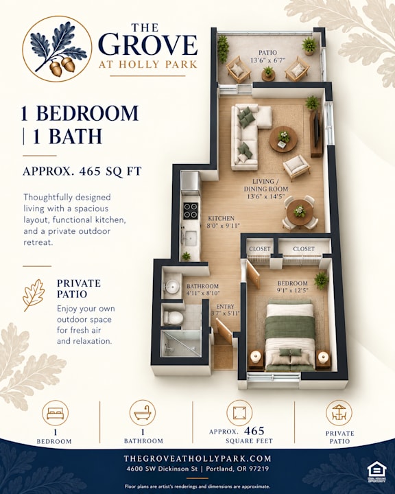 A floor plan for a 1 bedroom, 1 bathroom apartment at The Grove at Holly Park.