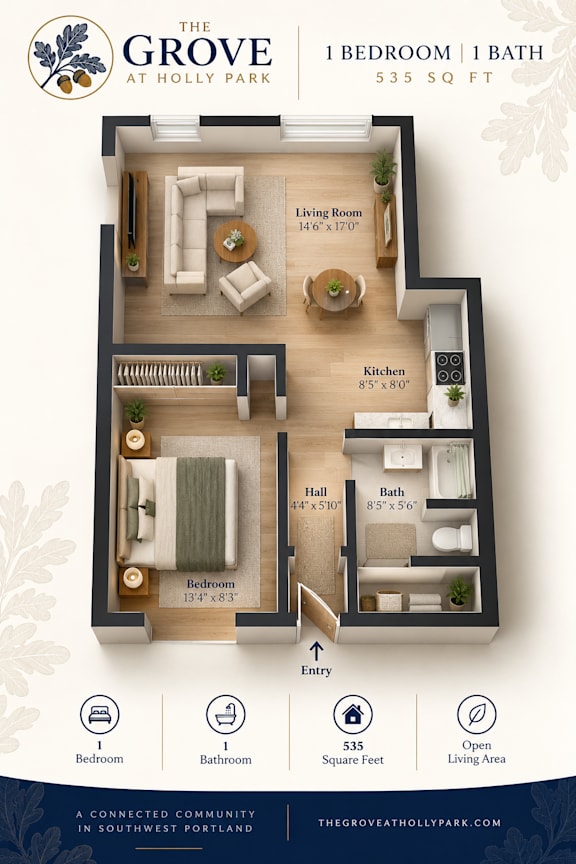 A floor plan for a one bedroom, one bathroom apartment at The Grove at Holly Park.