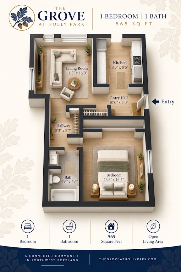 A floor plan of a one bedroom apartment at The Grove at Holly Park.