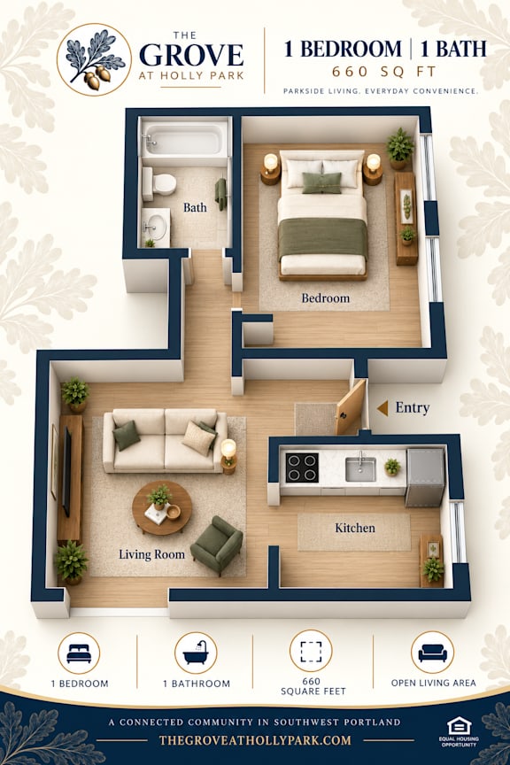 A floor plan of a one bedroom, one bathroom apartment at The Grove at Holly Park.