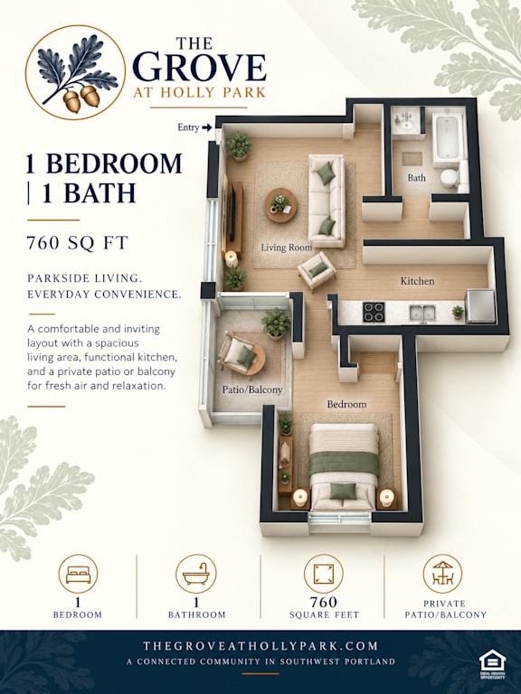 A floor plan for a property called The Grove at Holly Park showing a bedroom, bathroom, living room, kitchen, and patio/balcony.