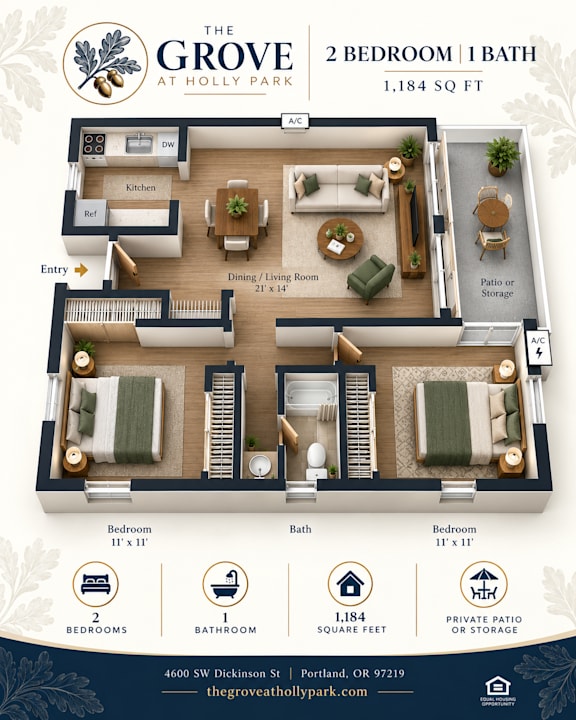 A floor plan for a 2 bedroom, 1 bath apartment at The Grove at Holly Park.