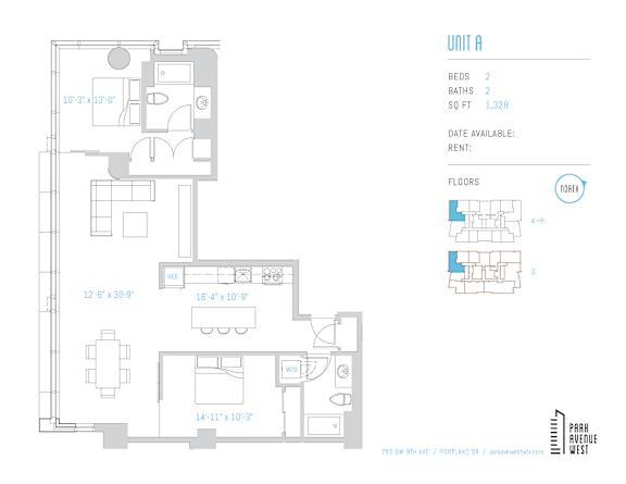 2 bed 2 bath floor plan layout at Park Avenue West Apartments, Portland, OR